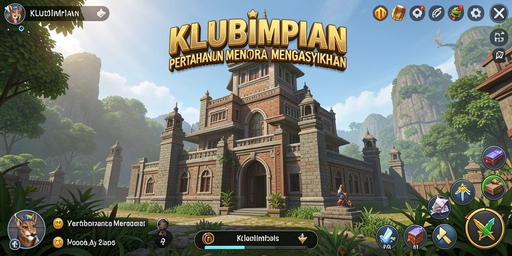 Screenshot gameplay KLUBIMPIAN menampilkan menara dan musuh dalam pertempuran strategis.