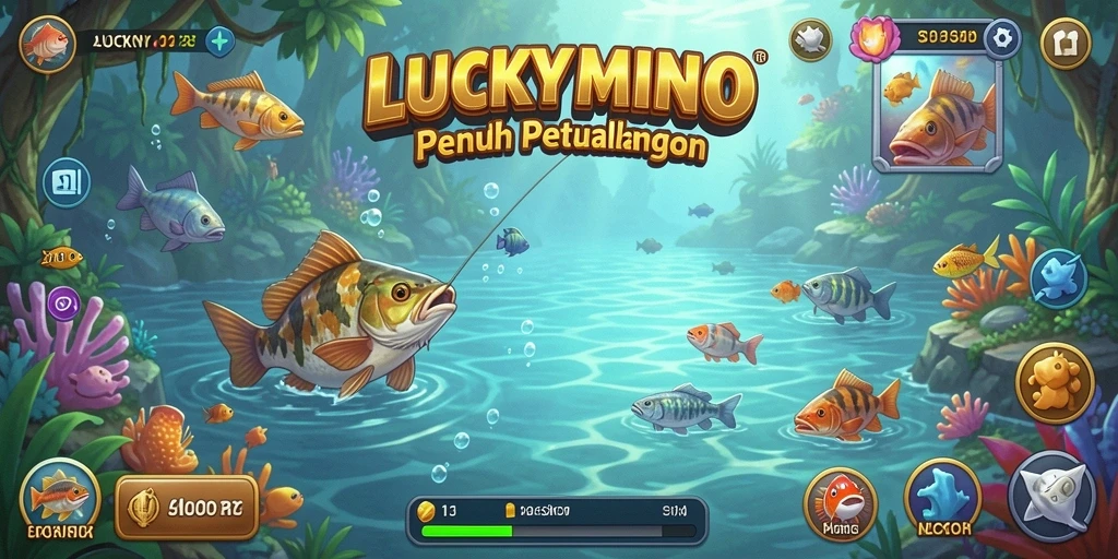 Tampilan gameplay LUCKYMINO dengan aksi memancing yang seru dan menegangkan.