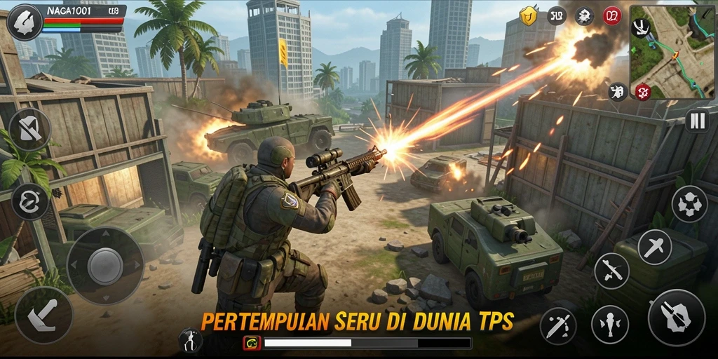 Tampilan gameplay menarik dari NAGA1001 dalam pertempuran TPS.