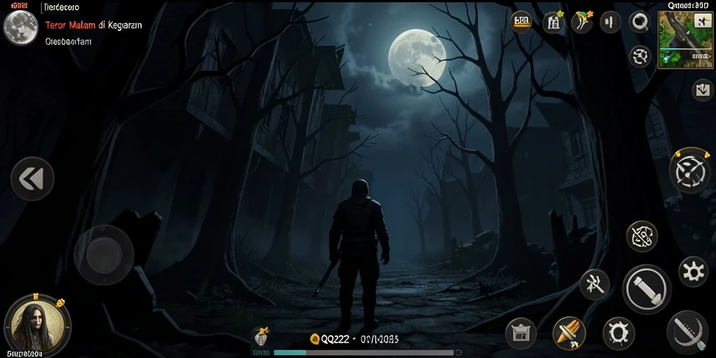 Screenshot gameplay QQ222 menampilkan suasana mencekam di lingkungan yang gelap.