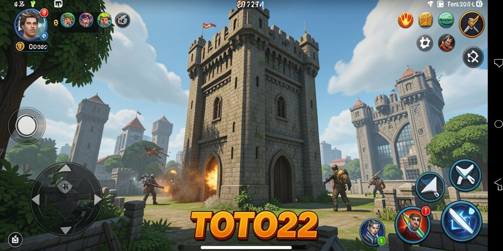 Screenshot utama TOTO22 menampilkan aksi menara yang melawan gelombang musuh.